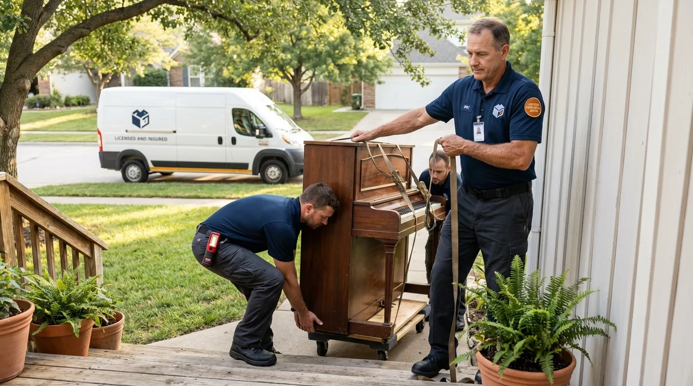 Licensed piano movers securing grand piano in Ransom Canyon, TX