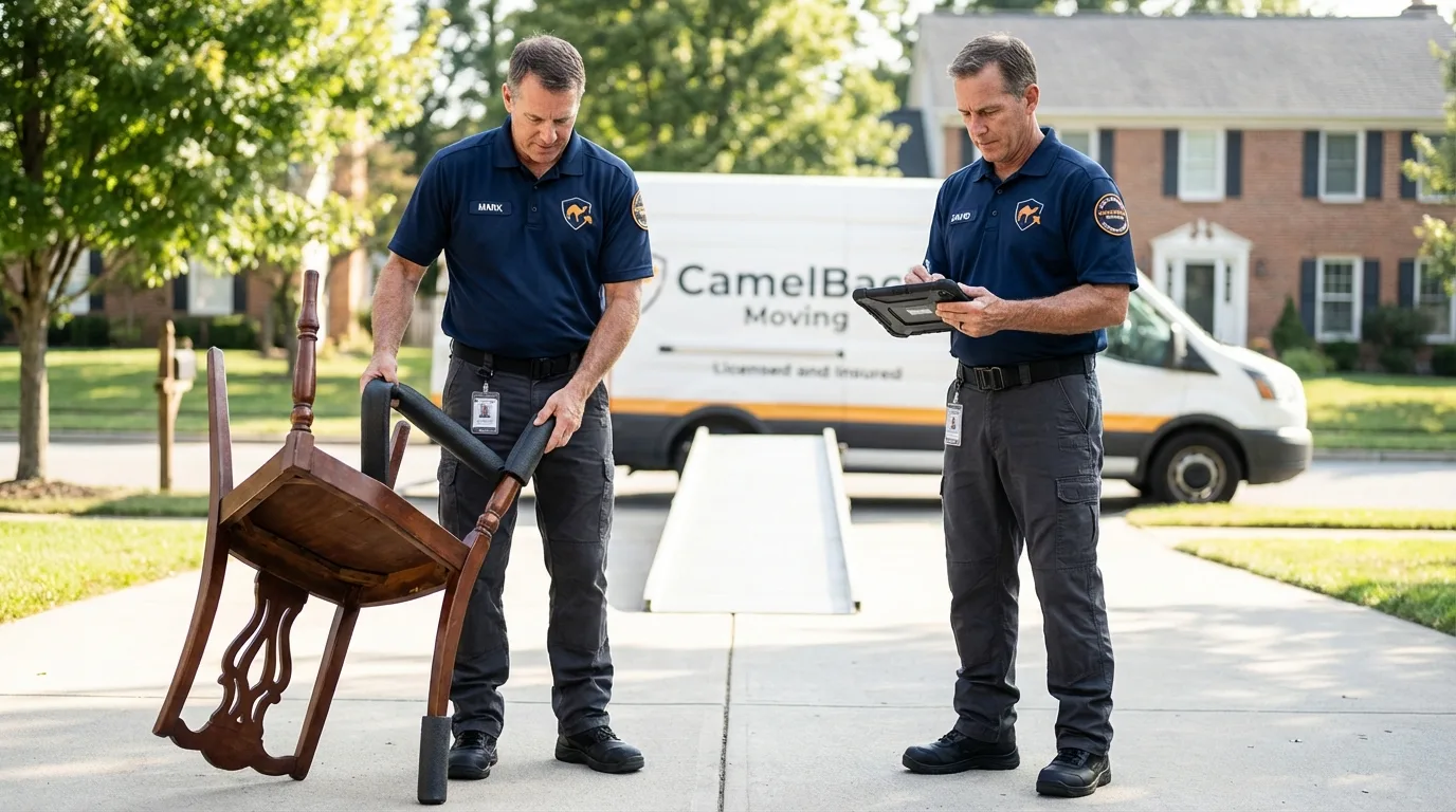 Movers inspecting furniture for damage prevention before loading in Ransom Canyon, TX
