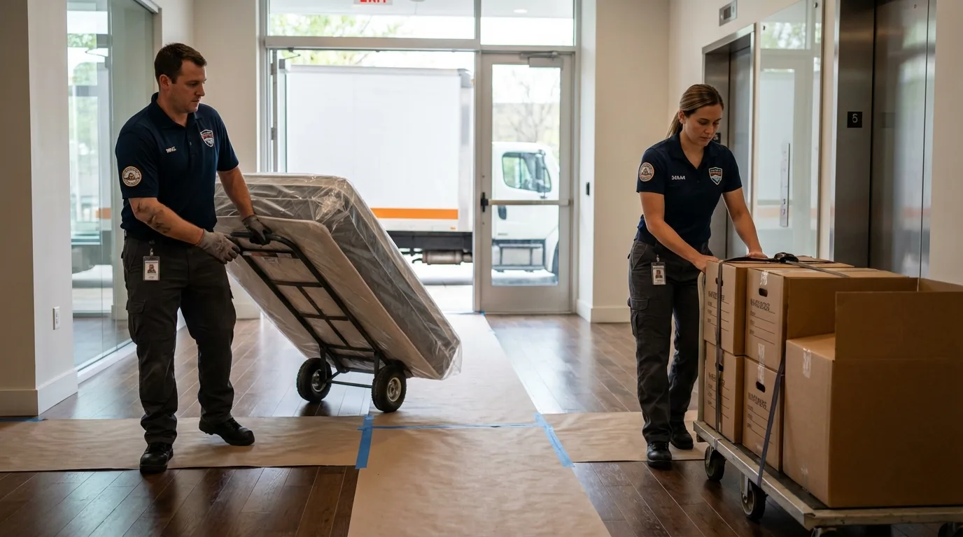 Professional apartment movers loading elevator in Ransom Canyon, TX