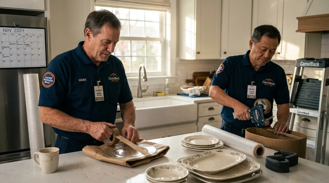 Professional crew packing kitchen dishware in Ransom Canyon, TX